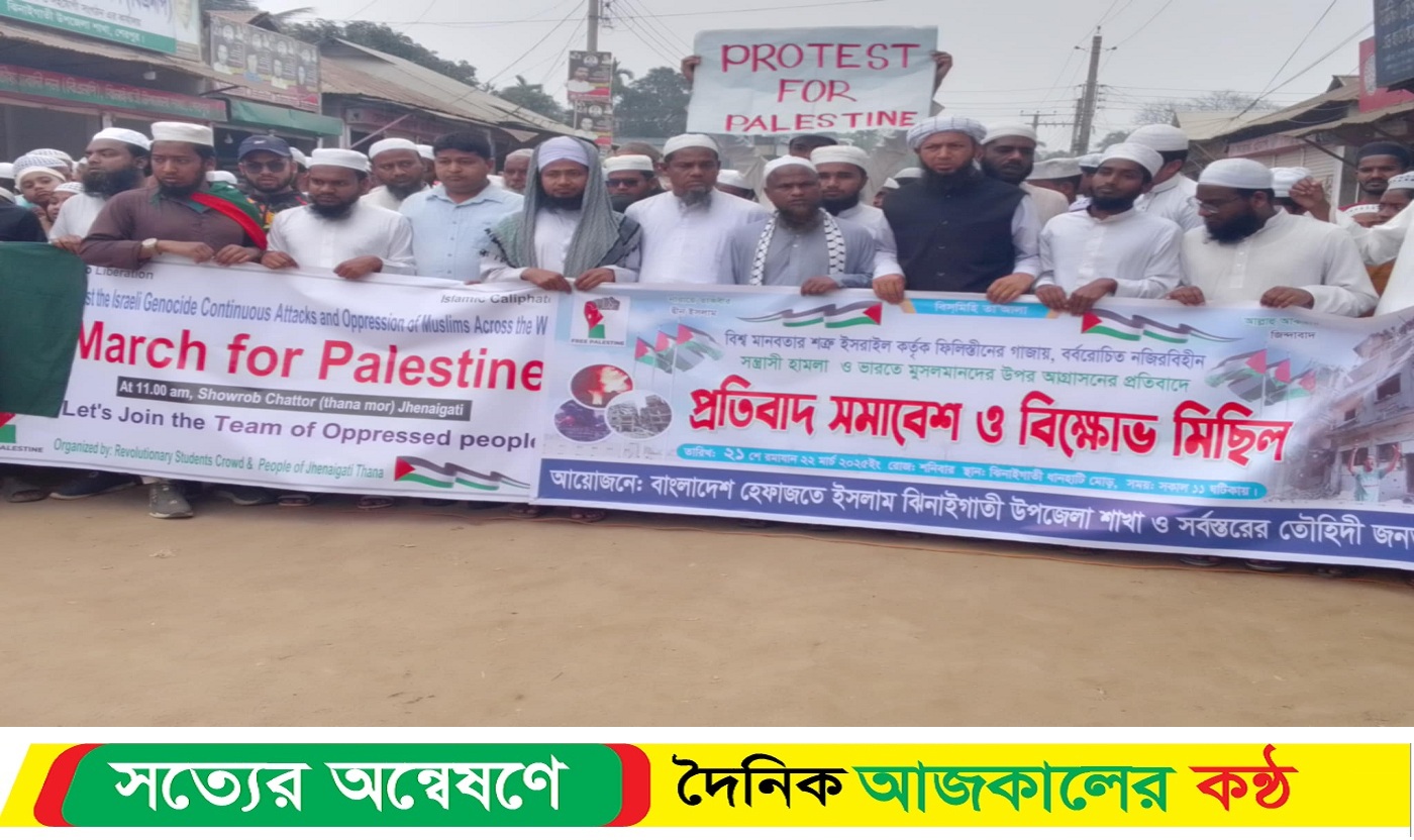 ফিলিস্তিনের জনগনের উপর হা*মলার প্রতিবাদে ঝিনাইগাতীতে সমাবেশ ও বিক্ষোভ মিছিল