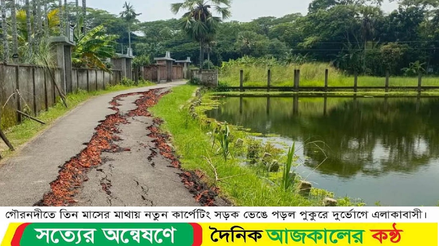 গৌরনদীতে তিন মাসের মাথায় নতুন কার্পেটিং সড়ক ভেঙে পড়ল পুকুরে; দুর্ভোগে এলাকাবাসী