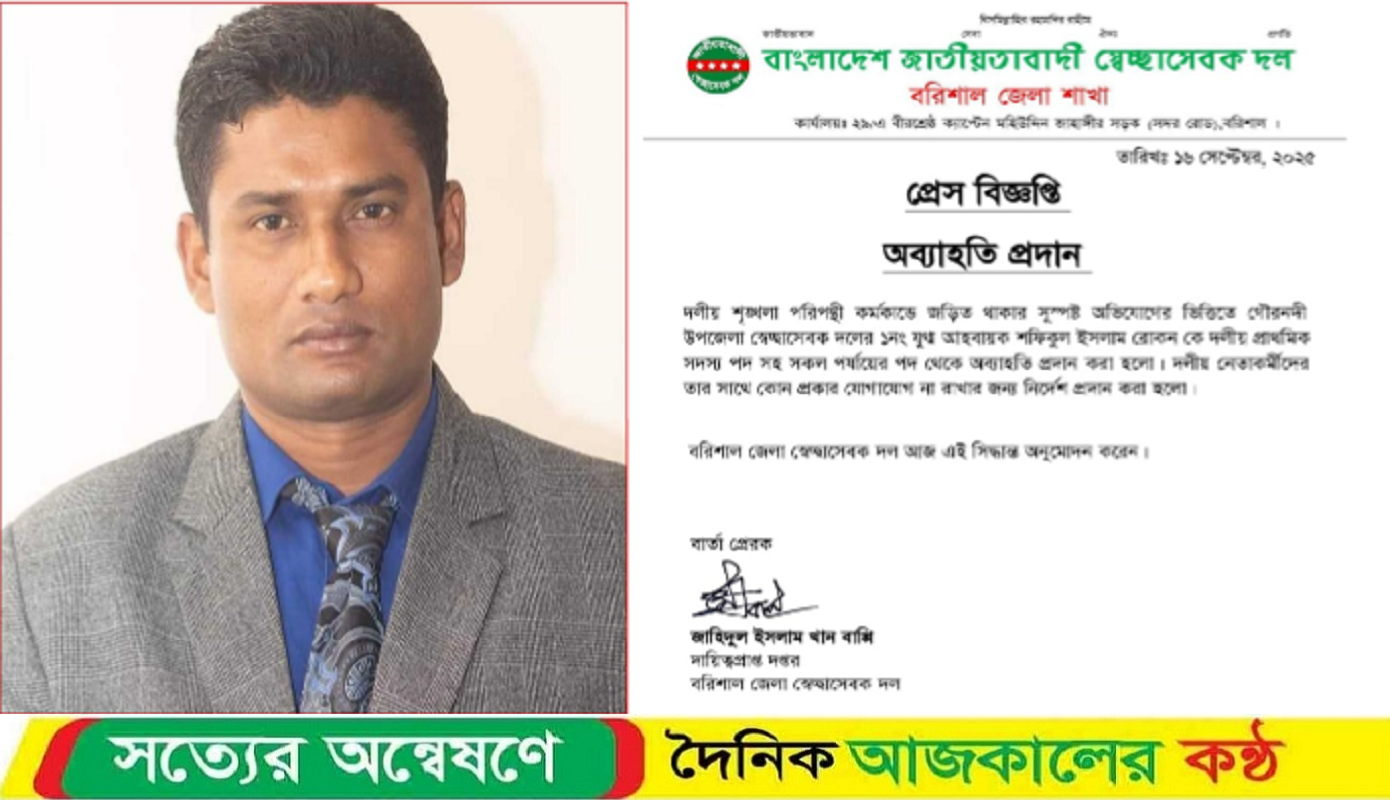 গৌরনদীতে সরকারি গাছ কাটায় স্বেচ্ছাসেবক দল নেতা বহিষ্কার