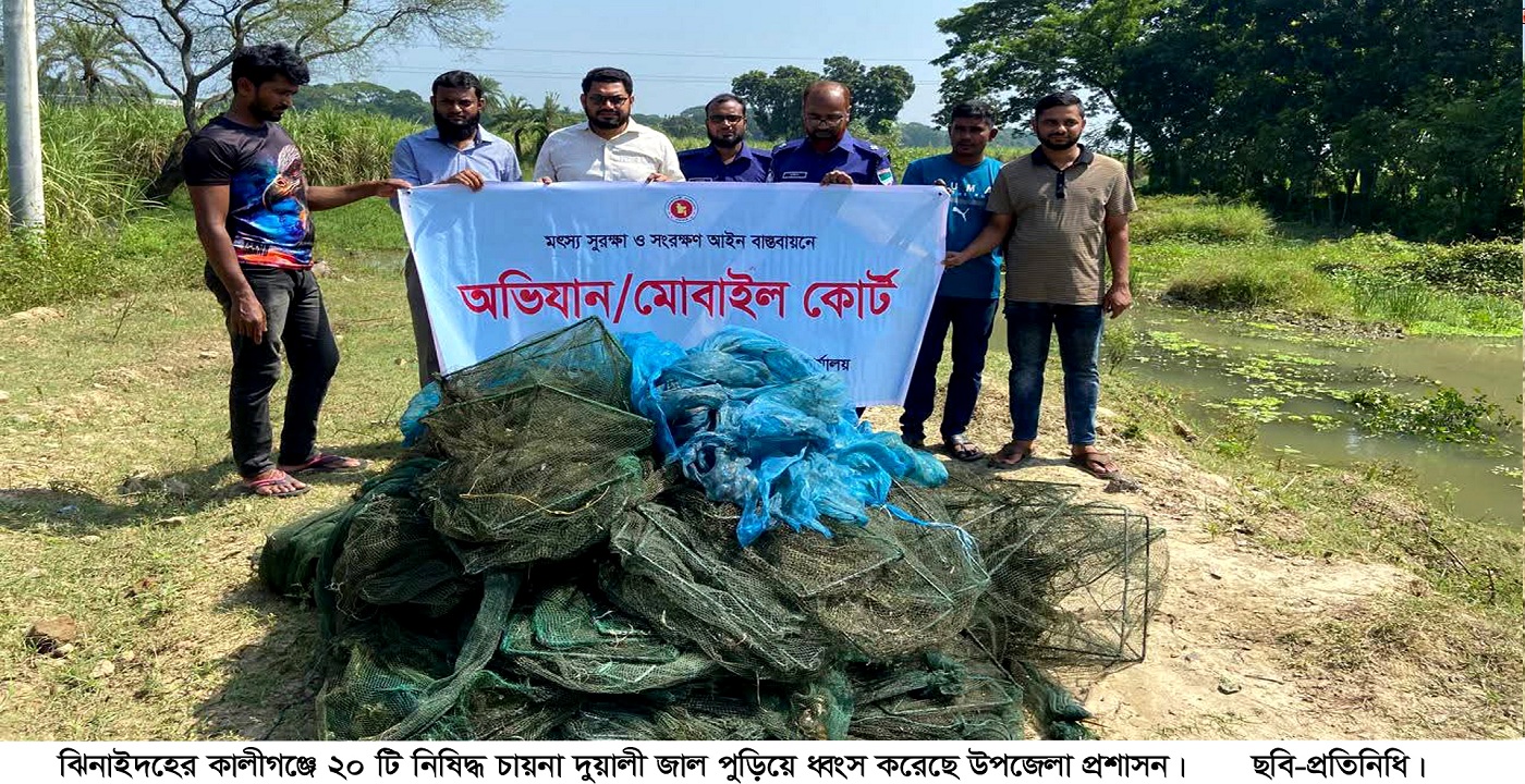 কালীগঞ্জে নিষিদ্ধ চায়না দুয়ারী জাল পুড়িয়ে ধ্বংস করেছে উপজেলা প্রশাসন