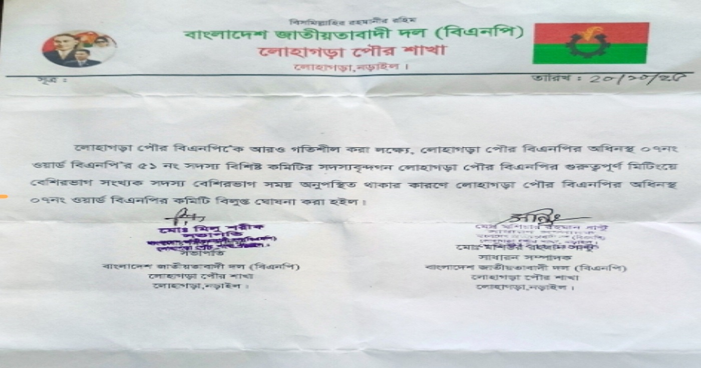 লোহাগড়া পৌর বিএনপির ৭ নম্বর ওয়ার্ড কমিটি বিলুপ্ত ঘোষণা