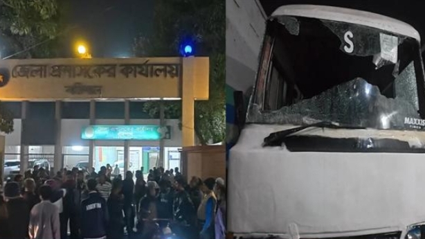বরিশালে ঔষধ কোম্পানির দুটি বাস ভাঙচুর করে বিক্ষুব্ধ শ্রমিকরা