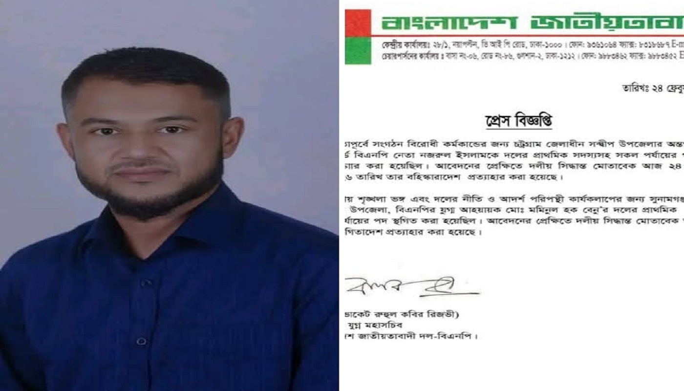 মধ্যনগর উপজেলা বিএনপির যুগ্ম আহ্বায়ক মমিনুল হক বেনুর বহিষ্কারদেশ প্রত্যাহার