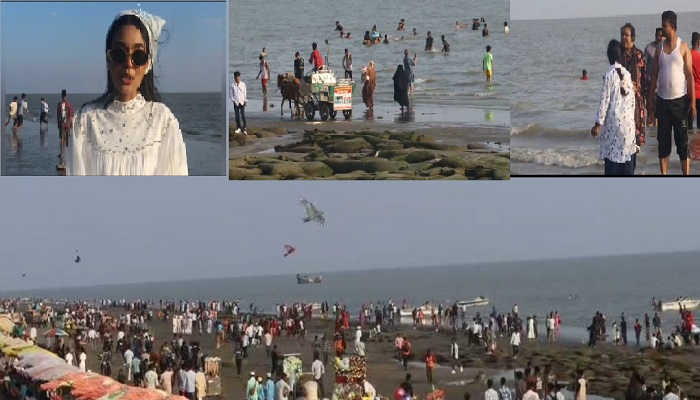 কুয়াকাটায় ঈদের আমেজে পর্যটকের উপচে পড়া ভিড়