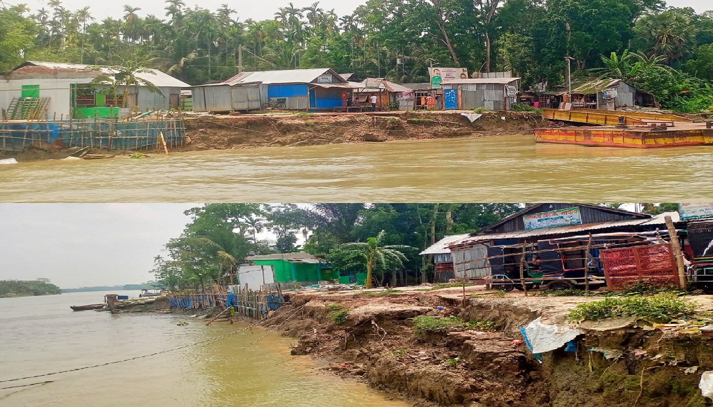 কাউখালীর আমরাজুরী ফেরিঘাটে ভয়াবহ ভাঙন : জিও ব্যাগেও মিলছে না প্রতিকার
