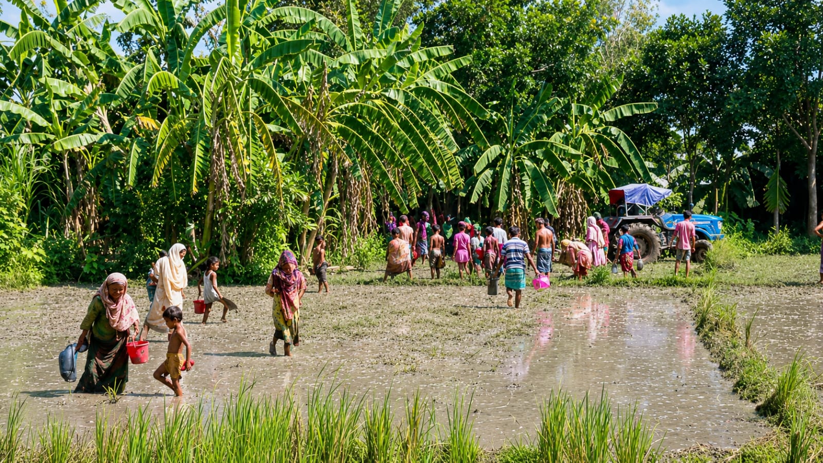 তীব্র তাপদাহ উপেক্ষা করে ঠাকুরগাঁওয়ে হালচাষের পিছু পিছু মাছ ধরার উৎসব