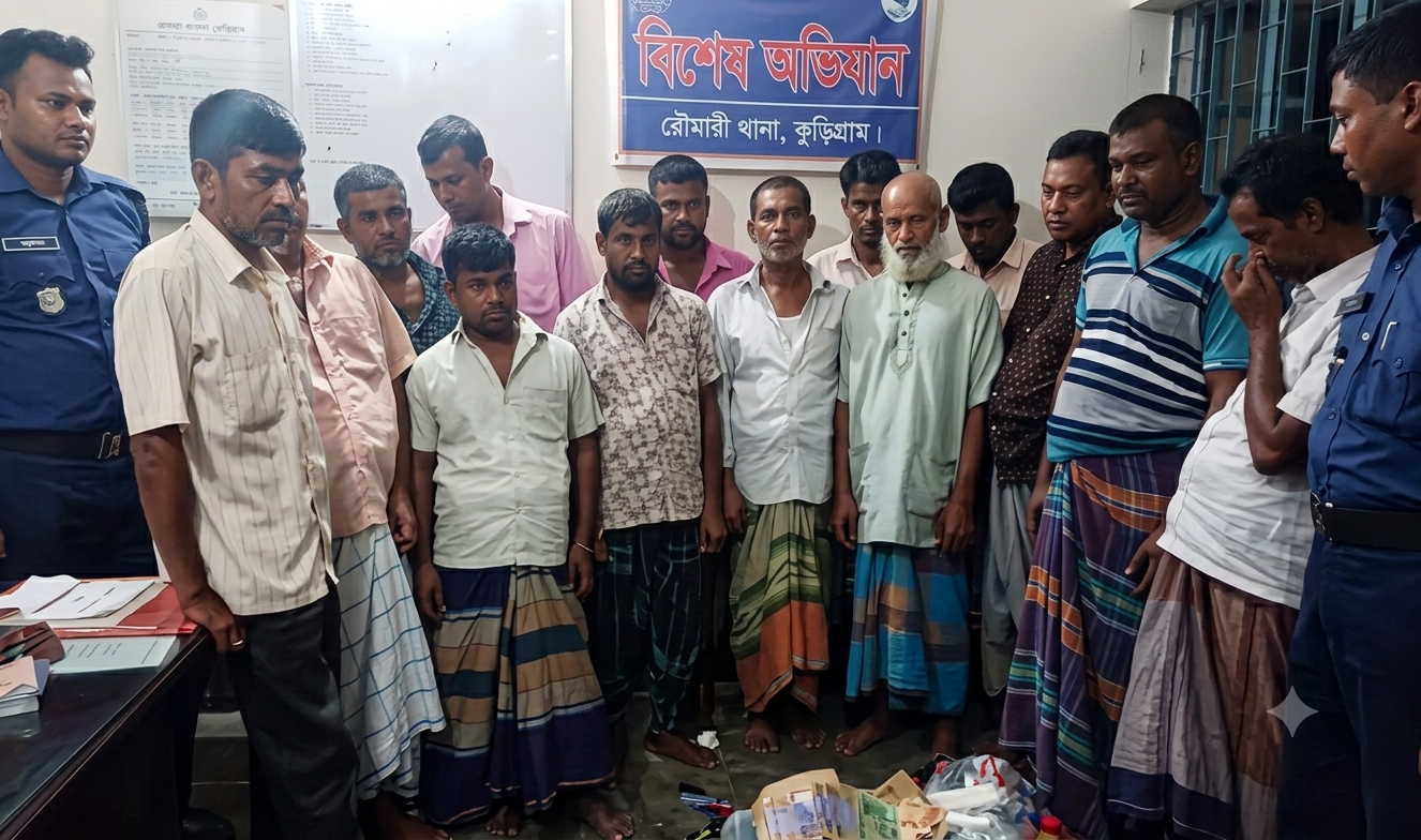 রৌমারীতে জুয়ার আসরে অভিযান, দেড় লাখ টাকাসহ গ্রেপ্তার ১৪