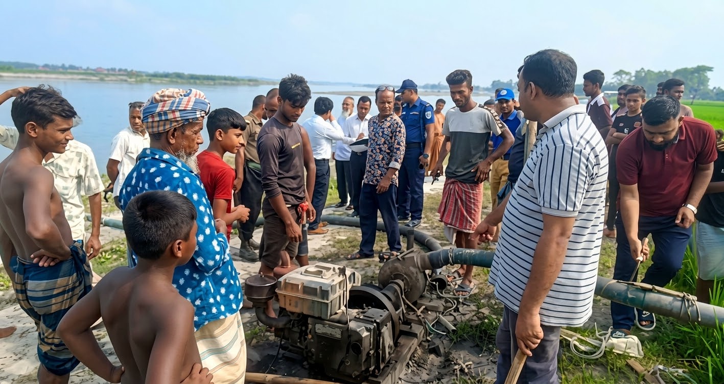 ভূরুঙ্গামারীর সামাদের ঘাটে অবৈধ বালু উত্তোলনবিরোধী অভিযান, ৪টি মেশিন ও পাইপ জব্দ